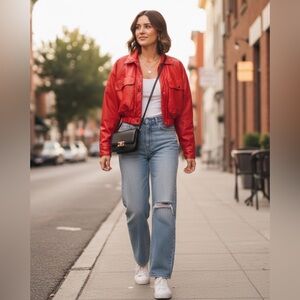 A2Y Alpha Phi Fire & Rescue Red Cropped Jacket Sorority Women's Small S